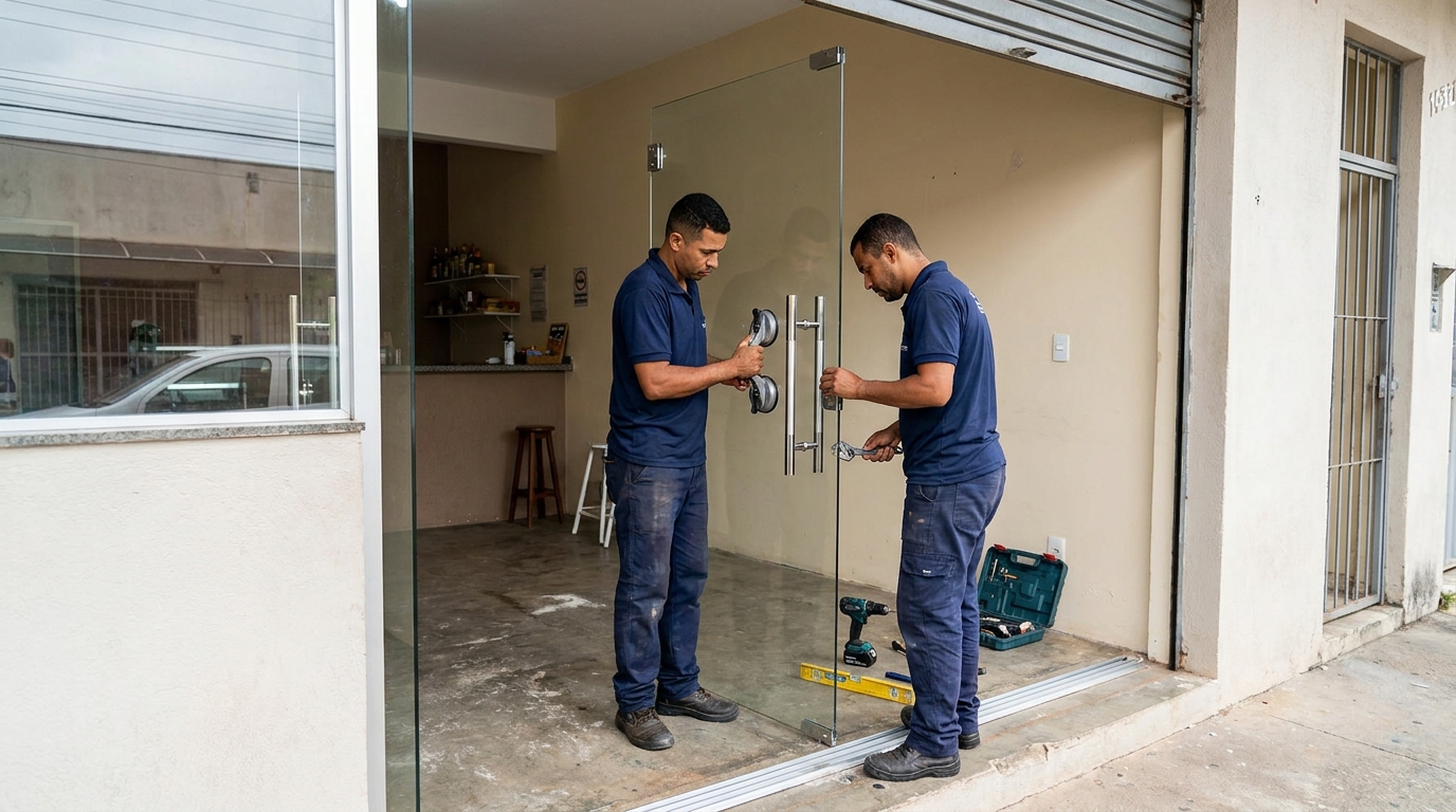 Dupla instalando porta de vidro em loja em Juiz de Fora-MG